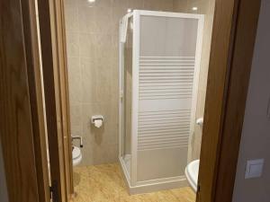 a bathroom with a toilet and a glass shower at Cumbres de los Picos Apartamento La Yedra in Poo de Cabrales +10 photos