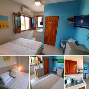 três fotografias de um quarto com duas camas e uma televisão em Rincón d'Olón Boutique Hotel em Olón