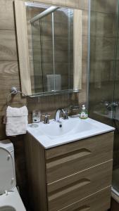 een badkamer met een wastafel, een toilet en een spiegel bij Hostel Sauce in Mar del Plata