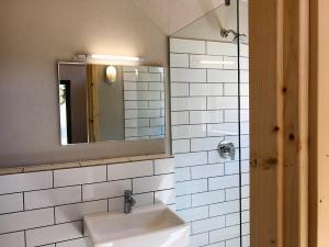 a bathroom with a sink and a mirror at Palm and Pine Cottage in Cape Town +17 photos