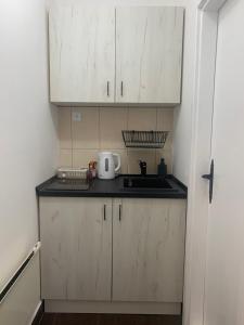 a small kitchen with white cabinets and a sink at Old Town City Center in Belgrade