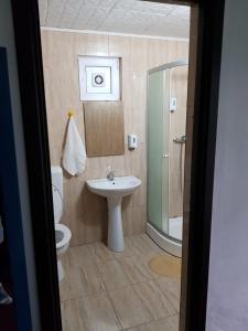 a bathroom with a sink and a toilet and a shower at Casa Stela in Iaşi