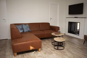 a brown couch in a living room with a fireplace at 6-persoons Veluwe Villa in Voorthuizen