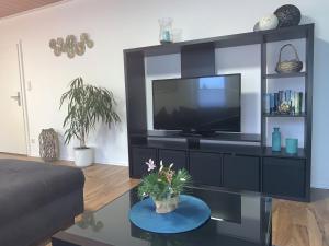 a living room with a black entertainment center with a television at Ferienwohnung Gaussblick in Dransfeld