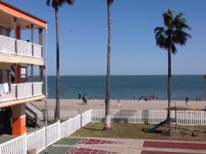 a beach with palm trees and people on the beach at Sea Shell Inn on the beach in Corpus Christi