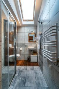 a bathroom with a shower and a sink and a mirror at Apartament Zagroda in Czarny Dunajec