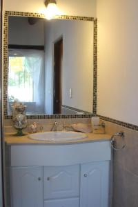 baño con lavabo y espejo grande en Pura Felicidad - Casa de viajeros en Alta Gracia