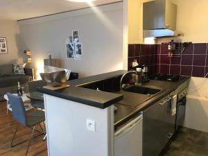 een keuken met een spoelbak en een aanrechtblad bij Les logettes in Honfleur