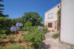 um jardim com flores roxas ao lado de um edifício em Adriatic em Mali Lošinj