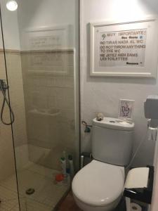 uma casa de banho com um WC branco e um chuveiro em Loft La petite em Guatiza