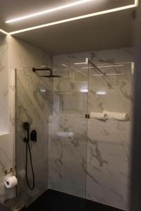 a bathroom with a shower with a glass door at ASKLIPIOS LUXURY SUITE in Tríkala