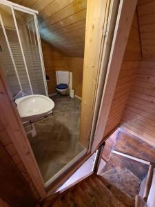 a bathroom with a shower and a sink in a room at Wettermatte in Kiental