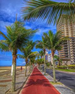 a red pathway with palm trees on a beach at Alto Padrão com 94 mtrs - Frente Mar - sacada com Vista Mar in Praia Grande