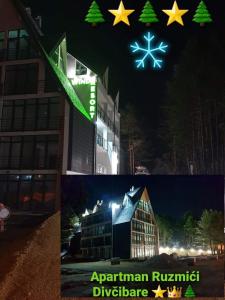 uma colagem de fotos de um edifício com luzes de Natal em Apartman Ruzmići Divčibare em Divčibare