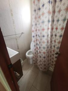 a bathroom with a toilet and a shower curtain at Departamento 3 dormitorios sector sur piso bajo in Antofagasta +10 photos