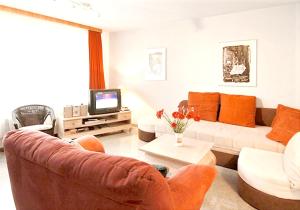 a living room with a couch and a tv at One bedroom appartement with furnished garden and wifi at Westerland Sylt 1 km away from the beach in Westerland