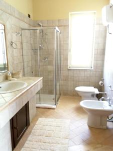een badkamer met een douche, een wastafel en een toilet bij One bedroom apartement with sea view and furnished garden at Montallegro 2 km away from the beach in Montallegro