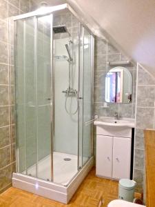 La salle de bains est pourvue d'une douche et d'un lavabo. dans l'établissement Maison de 3 chambres avec jardin clos et wifi a Stotzheim, à Stotzheim