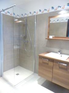 W łazience znajduje się prysznic i umywalka. w obiekcie Appartement de 2 chambres avec piscine partagee terrasse et wifi a Porto Vecchio a 3 km de la plage w mieście Porto-Vecchio