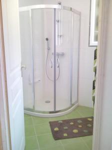 y baño con ducha y puerta de cristal. en Maison de 3 chambres a La Tranche sur Mer a 800 m de la plage avec jardin clos, en La Tranche-sur-Mer