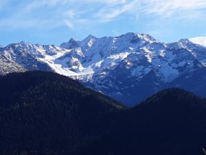 a snow covered mountain range with trees in the foreground at Studio avec terrasse amenagee et wifi a Allevard in Allevard