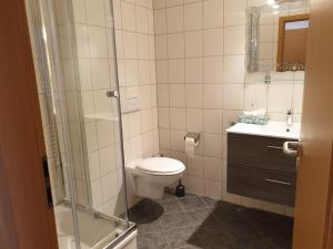 ein Bad mit einer Dusche, einem WC und einem Waschbecken in der Unterkunft Appartementanlage Yachthafenresidenz in Kühlungsborn