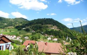 a small village on a hill with houses and trees at Appartement confortable à Cornimont 30 m² vue montagne in Cornimont