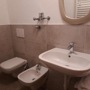 La salle de bains est pourvue d'un lavabo, de toilettes et d'un miroir. dans l'établissement Grazioso monolocale a pochi passi dal centro cittadino, à Chiesa in Valmalenco