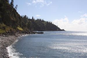 a body of water with a rocky shore with trees at Pitcairn House in Burnt Pine