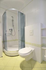 ein weißes Bad mit einer Dusche und einem WC in der Unterkunft Victus Apartamenty, Apartament Lumen in Sopot