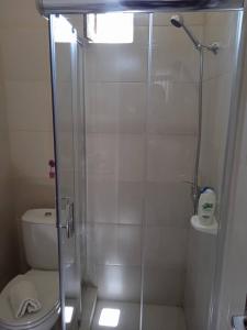 a bathroom with a glass shower with a toilet at Hotel AH Maio in Vila do Porto