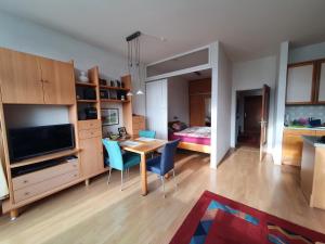 ein Wohnzimmer mit einem Tisch und Stühlen sowie ein Schlafzimmer in der Unterkunft Appartement mit Südbalkon im Haus Feldbergblick in Kappel - Appartement 37 in Lenzkirch