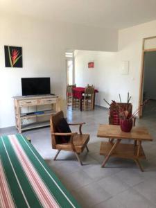 een woonkamer met een bank, een tafel en een tv bij Au Gré des Alizés - Kaz Ti Plézi in Cadet