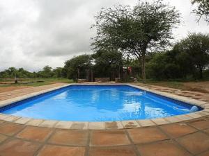 une grande piscine bleue dans une cour dans l'établissement Morekuri Safaris, à Hammanskraal