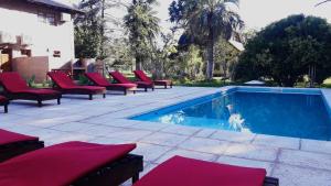 a swimming pool with red chairs and a dog in it at Posada de la comarca in Sierra de la Ventana