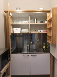 eine Küche mit einer Spüle und einer Mikrowelle in der Unterkunft Gábriel Apartman in Kőszeg