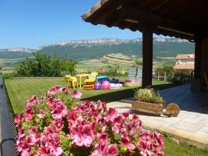 einen Garten mit rosa Blumen, einem Tisch und Stühlen in der Unterkunft Casa rural Navarra cerca del nacedero del Urederra Belastegui in Eulz