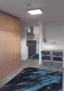 a kitchen with a table and two chairs and a rug at Familie Ohneberg in Hard