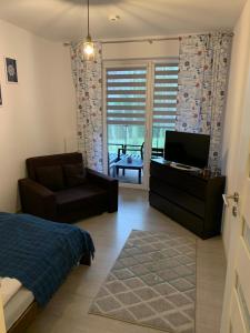 Televízia a/alebo spoločenská miestnosť v ubytovaní Apartament Admiralski