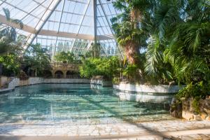 a pool in therium of a building with palm trees at Hotel Eemhof by Center Parcs in Zeewolde