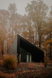 a black house in the middle of a forest at Domki MODERN Jezioro Nyskie in Nysa