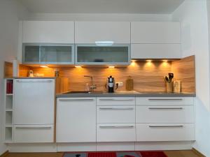 una cocina con armarios blancos y fregadero en MITTEN im BAYERISCHEN WALD-95m² Wohnung + *NETFLIX* Direkt am Skilift!, en Schöfweg