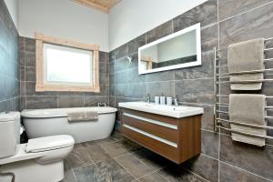 a bathroom with a sink toilet and a mirror at Swanpool, Great Field Lodges, Braunton in Braunton