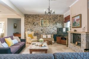 Ionian Sea View Villa في Kato Korakiana: غرفة معيشة مع أريكة ومدفأة