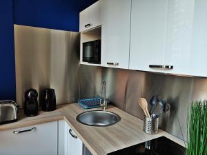 eine Küche mit einer Spüle und einer Mikrowelle in der Unterkunft T2 Lounge & Design - Toulouse Centre Ramblas in Toulouse