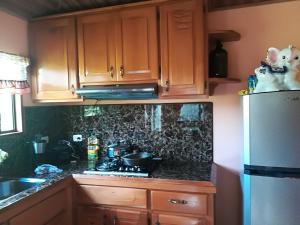 a kitchen with wooden cabinets and a white refrigerator at Rancho de Lelo Ecolodge in Monteverde Costa Rica