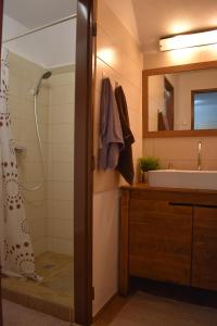 a bathroom with a shower and a sink at Chata Dolce Donovaly in Donovaly