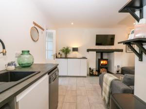 a kitchen and living room with a couch and a fireplace at Rhum Cottage in Cupar