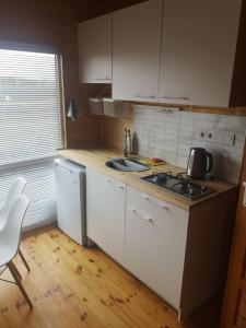 a kitchen with a sink and a stove top oven at Savas Uostas in Šventoji