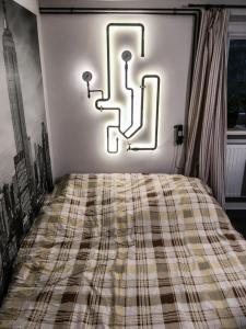 ヴィエリチカにあるEko-padのベッドルーム1室(チェック入りの毛布付きのベッド1台付)